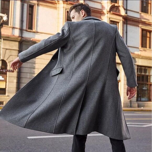 Chouyatou Men's Fall Winter Office Single Breasted Long Dress Wool Coat Overcoat - Picture 2 of 3